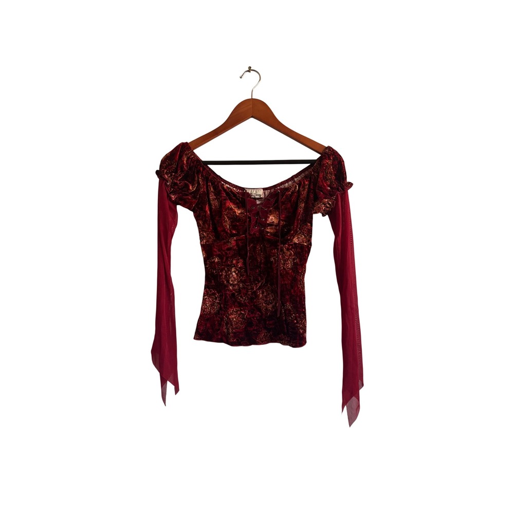 Off-Shoulder Velvet Blouse with Sheer Draped Sleeves in Burgundy